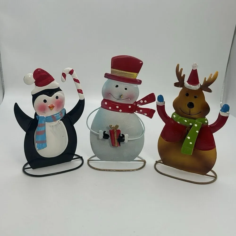 Lot of 3 Metal Christmas Decor Penguin Snowman Reindeer Holiday Tabletop Figures